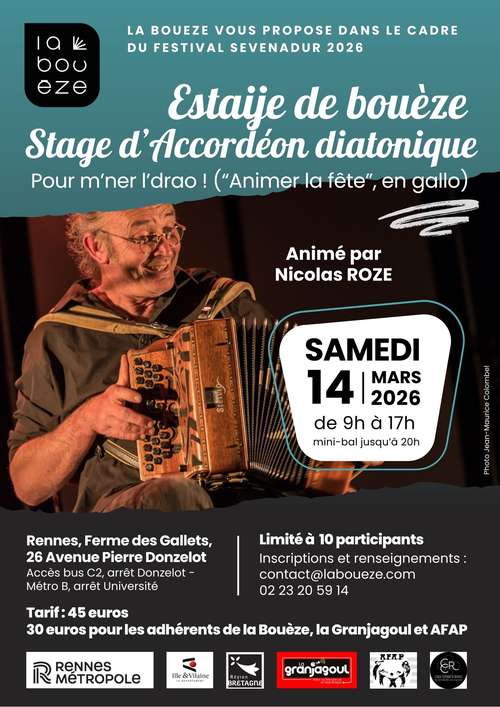 Stage d'accordéon diatonique animé par Nicolas Rozé  - Samedi 14 mars 2026